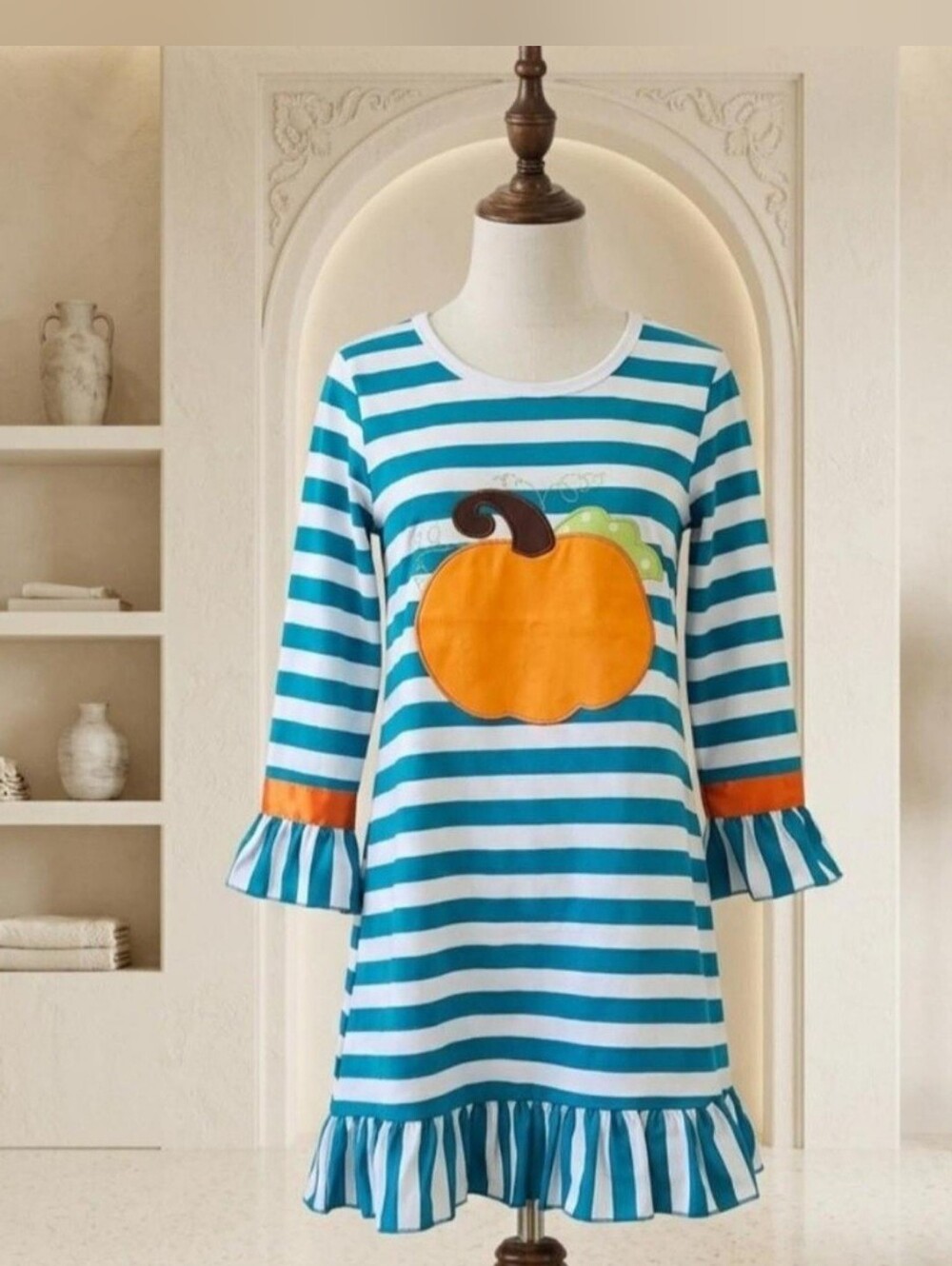 Amor Babee Pumpkin Appliqué Dress Turquoise Stripe Ruffle Sz  6-7